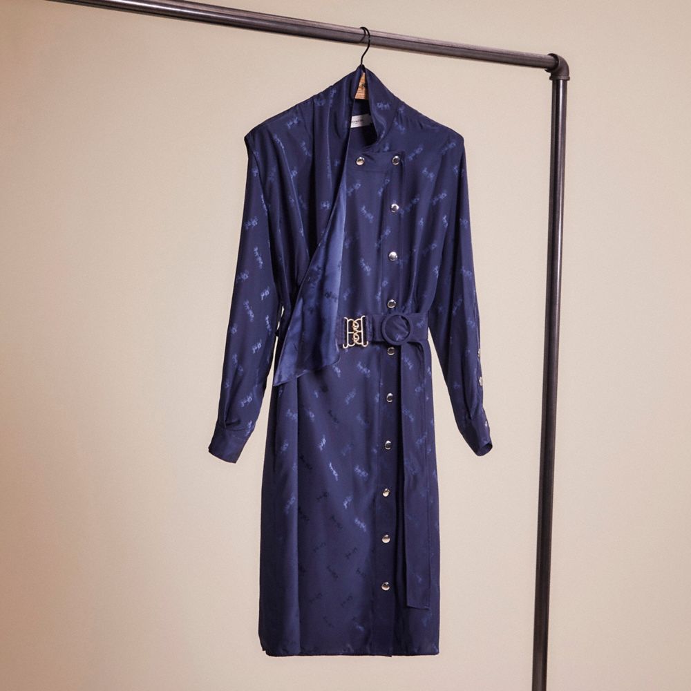 COACH®,RESTORED JACQUARD ARCHITECTURAL DRAPE BELTED DRESS,Navy,Front View