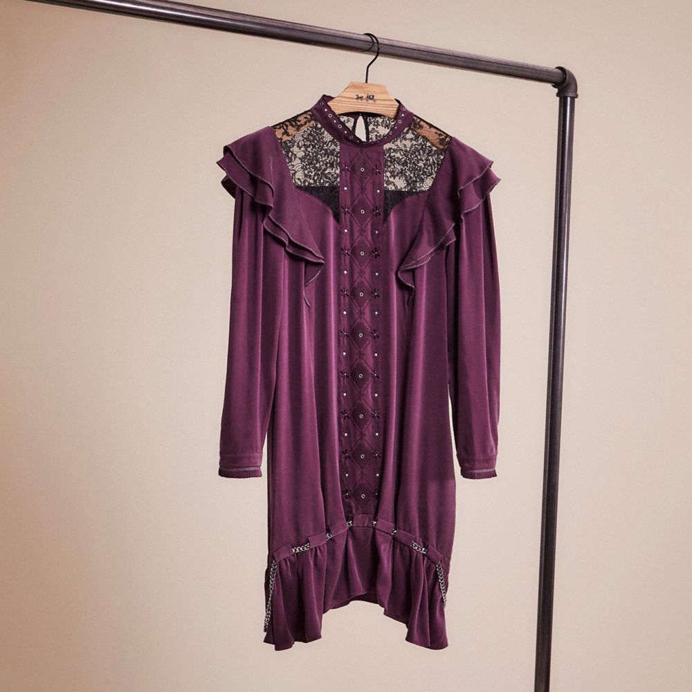 COACH®,RESTORED LONG SLEEVE DRESS WITH RUFFLE TRIM,Silk,Purple,Front View