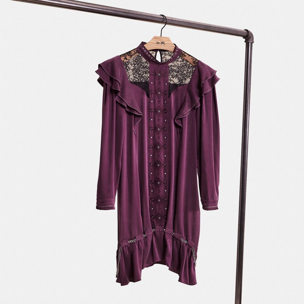 COACH®,RESTORED LONG SLEEVE DRESS WITH RUFFLE TRIM,Purple,Front View