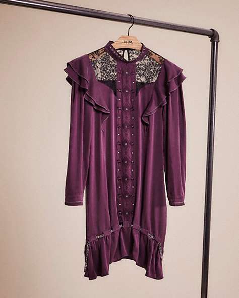 COACH®,RESTORED LONG SLEEVE DRESS WITH RUFFLE TRIM,Purple,Front View