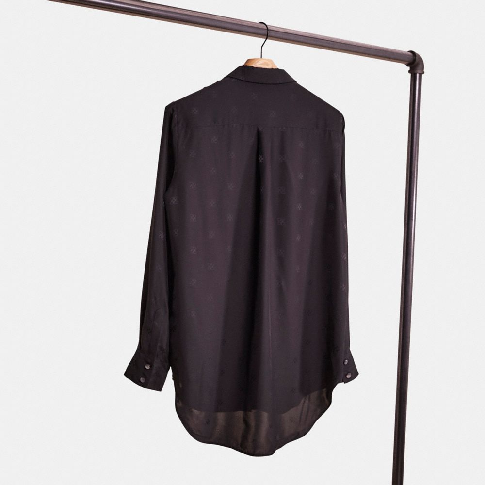 COACH®,Restored Jacquard Bib Shirt,Cupro,Silk,Button Down,Pintuck Embellishment,Ruffles,Work,Black,Back View