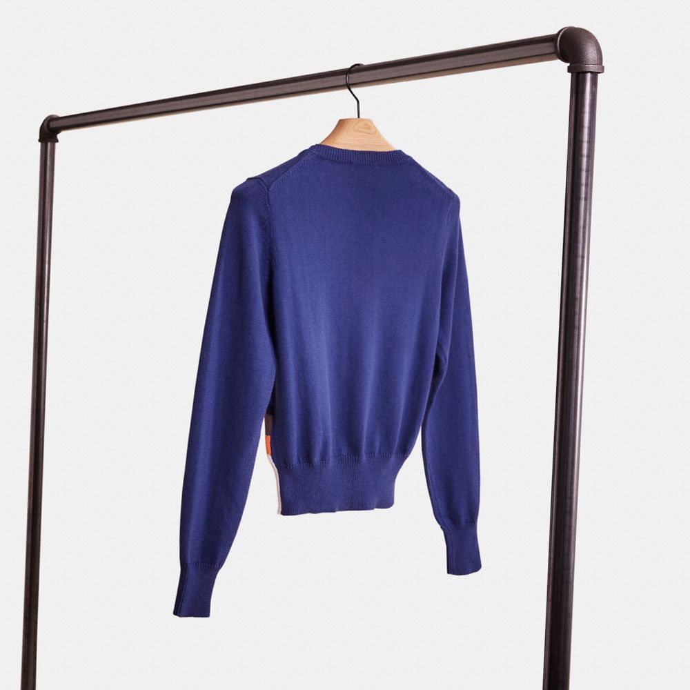 COACH®,Restored Moonscape Crewneck Sweater,Cotton Knit,Sweater,Pullover,No Embellishment,Casual,Navy,Back View