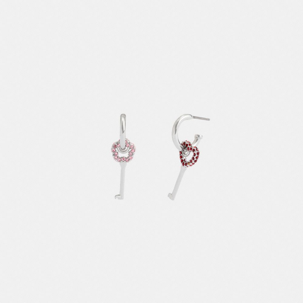 COACH®,Pavé Key Mismatch Huggie Earrings,Dangle Earring,Hoops,Cubic Zirconia,Crystal,Glass,Gem Embellishment,Floral Embell...,Multi Color,Inside View,Top View