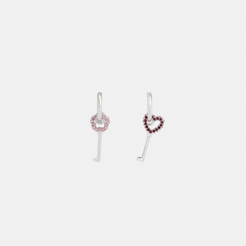 COACH®,Pavé Key Mismatch Huggie Earrings,Dangle Earring,Hoops,Cubic Zirconia,Crystal,Glass,Gem Embellishment,Floral Embell...,Multi Color,Alternate View