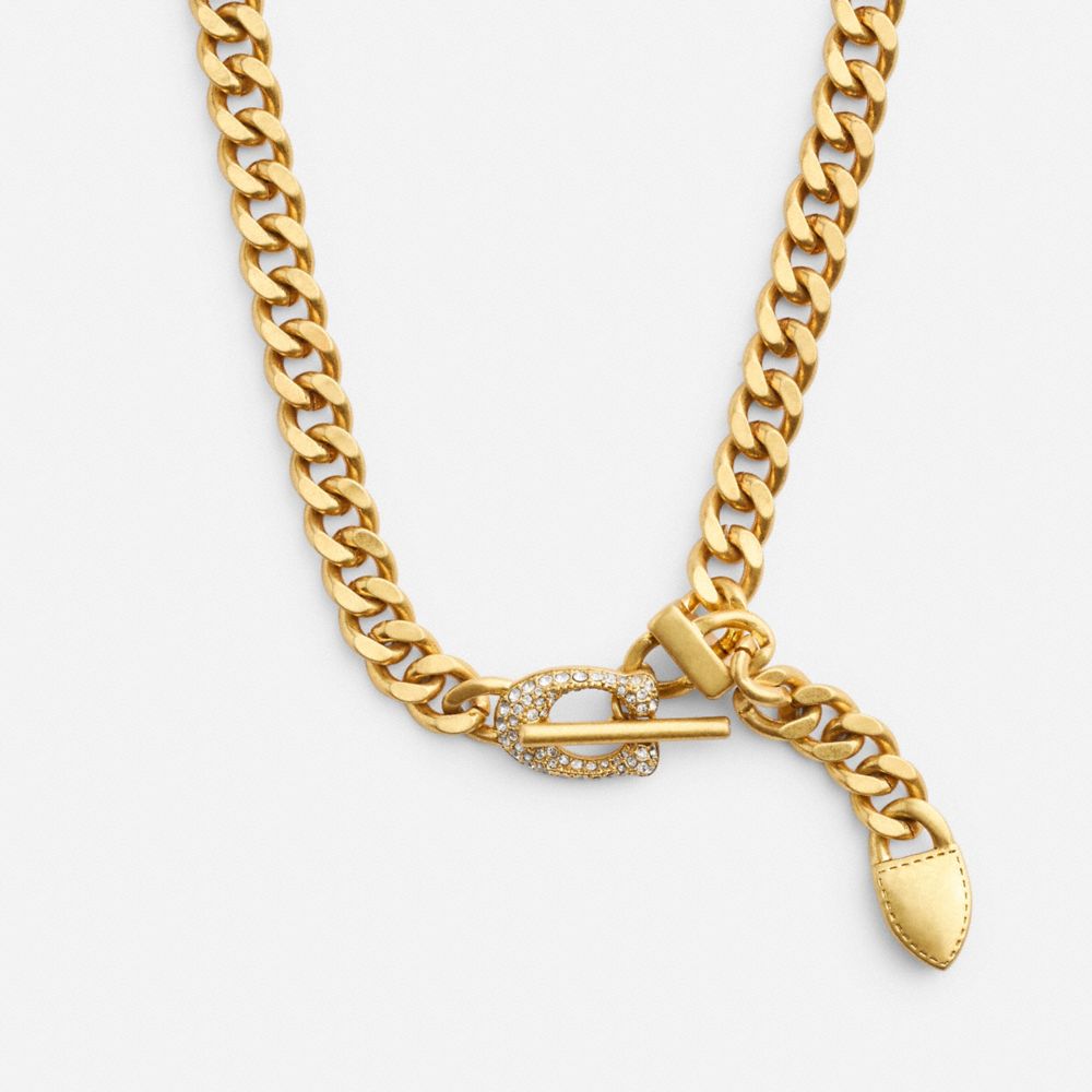 COACH®,PAVÉ SIGNATURE BUCKLE CURB CHAIN NECKLACE,Gold,Front View