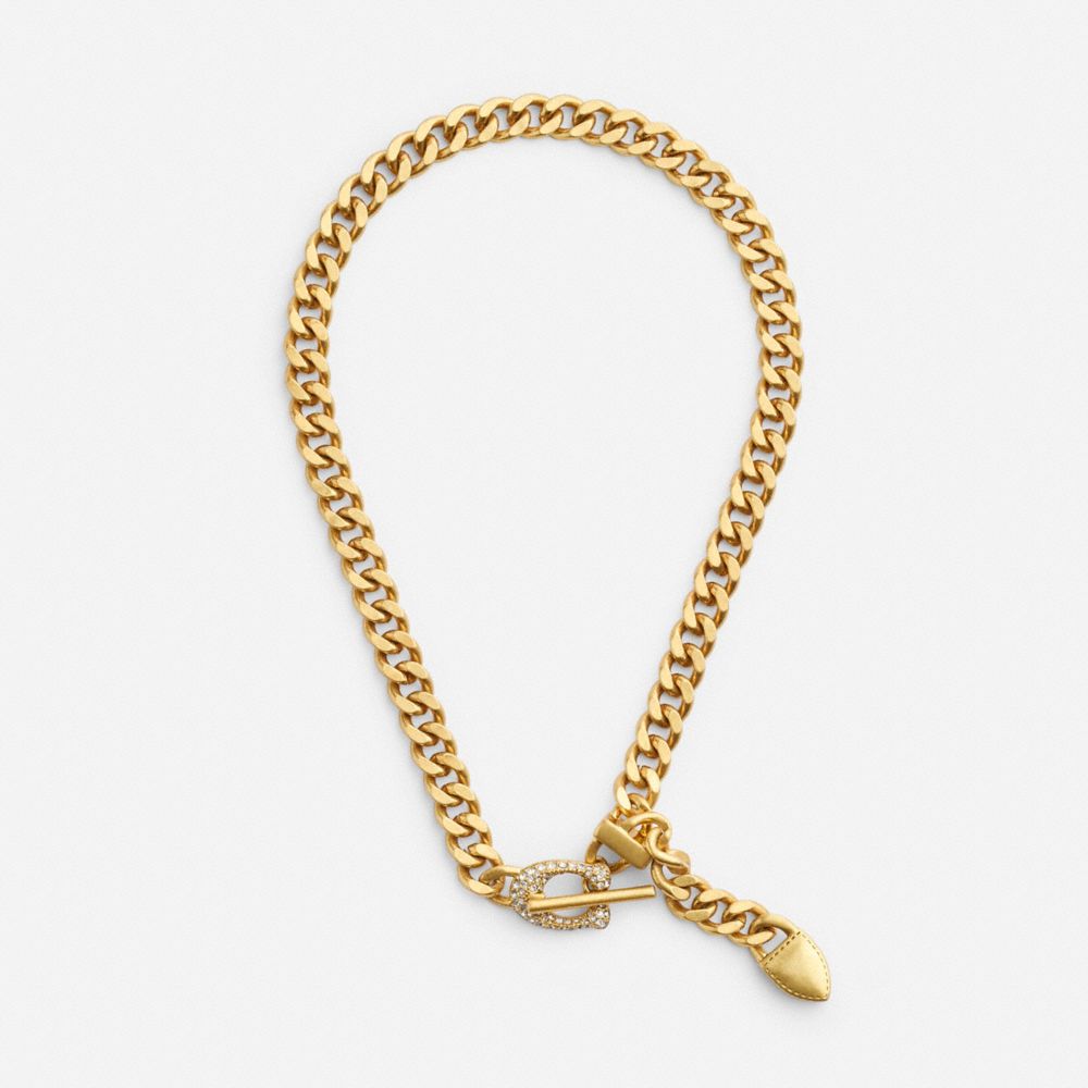 COACH®,PAVÉ SIGNATURE BUCKLE CURB CHAIN NECKLACE,Gold,Inside View,Top View