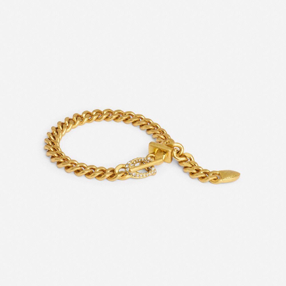 COACH®,PAVÉ SIGNATURE BUCKLE CURB CHAIN BRACELET,Gold,Front View