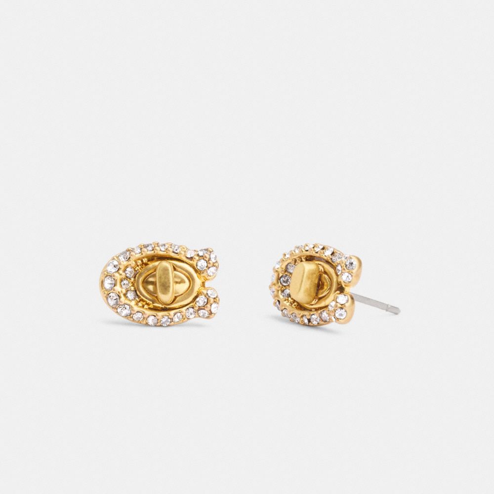 COACH®,PAVÉ SIGNATURE TURNLOCK STUD EARRINGS,Gold,Front View