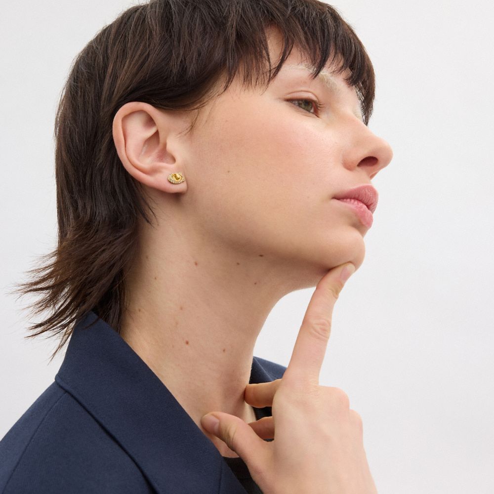 COACH®,Pavé Signature Turnlock Stud Earrings,Studs,Cubic Zirconia,Crystal,Glass,Gem Embellishment,Logo,Lettering Word,Yell...,Clear,Detail View