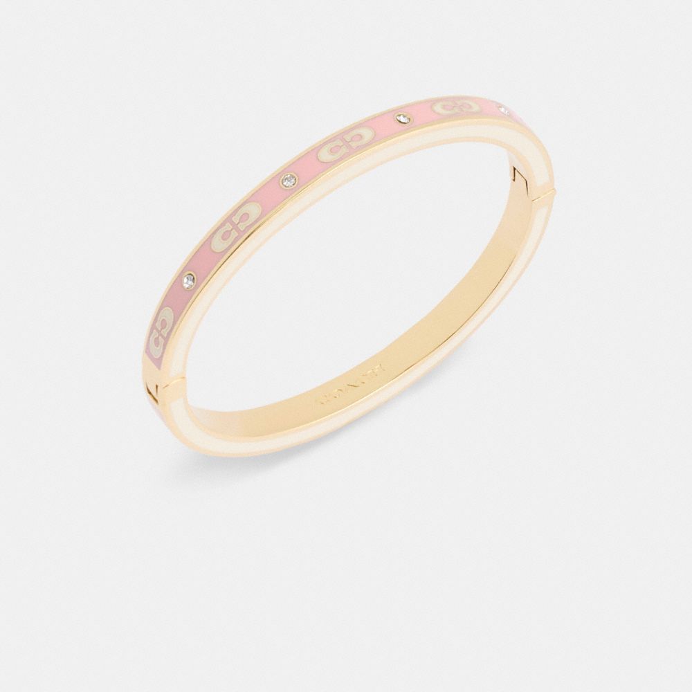 COACH®,Signature Enamel Hinged Bangle,Enamel,Glass,Cubic Zirconia,Gem Embellishment,Yellow Gold,Brass,Day Party,Multi Color,Inside View,Top View