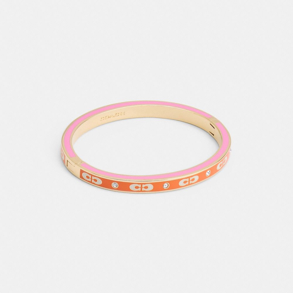 COACH®,SIGNATURE ENAMEL HINGED BANGLE,Gold/Orange Multi,Front View