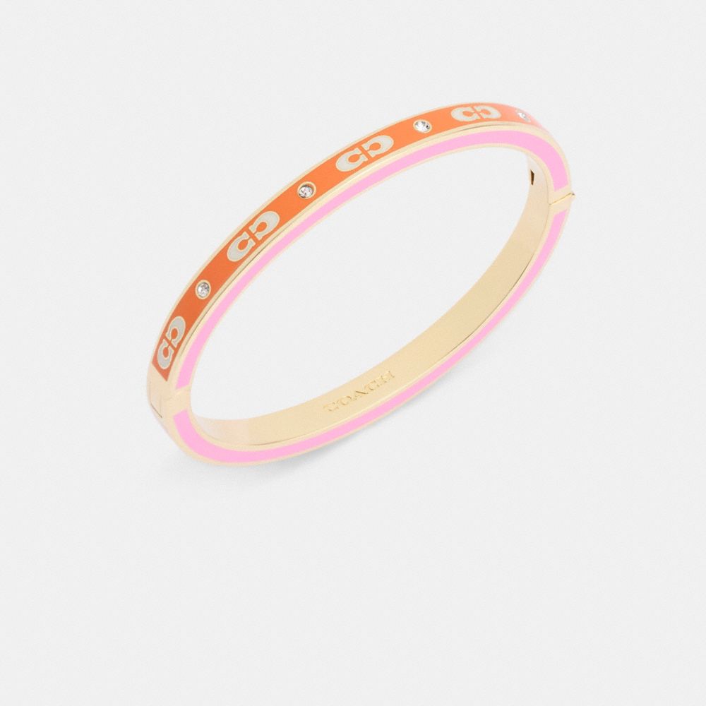 COACH®,Signature Enamel Hinged Bangle,Enamel,Glass,Cubic Zirconia,Gem Embellishment,Yellow Gold,Brass,Day Party,Orange,Inside View,Top View