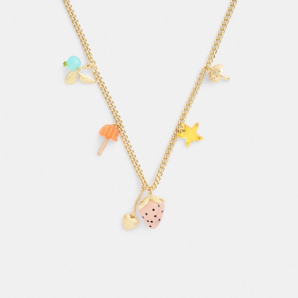 COACH®,Coach X Observed By Us Strawberry Heart Charm Necklace,Single Strand,Resin,Cubic Zirconia,Logo,Novelty Embellishmen...,Multi Color,Inside View,Top View