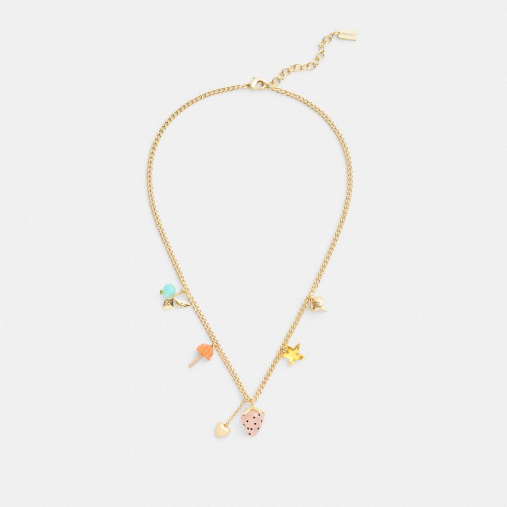 COACH®,Coach X Observed By Us Strawberry Heart Charm Necklace,Single Strand,Resin,Cubic Zirconia,Logo,Novelty Embellishmen...,Multi Color,Alternate View