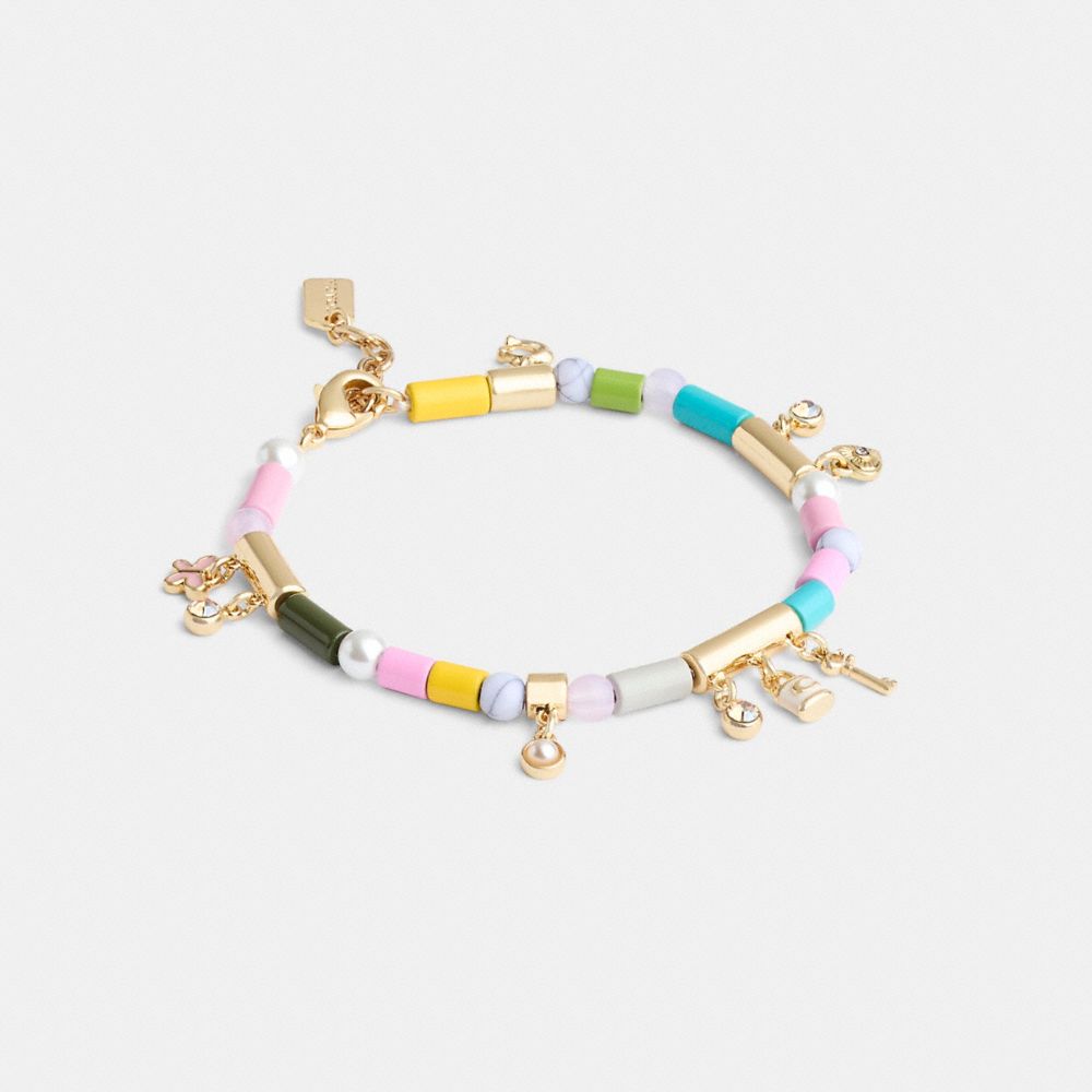 COACH®,HEART MULTI CHARM BEADED BRACELET,Gold/Multi,Front View