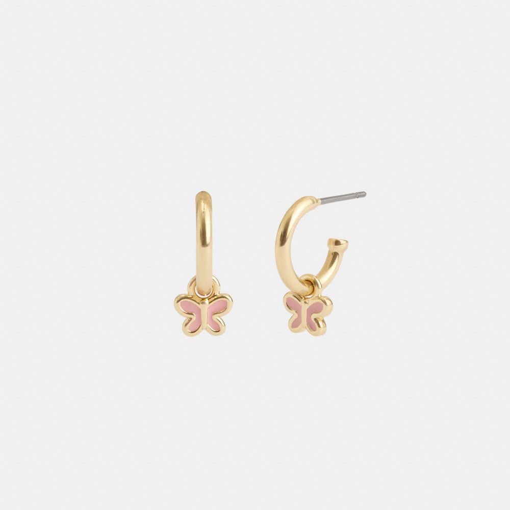 COACH®,BUTTERFLY CHARM HUGGIE EARRINGS,Gold/Pink,Front View