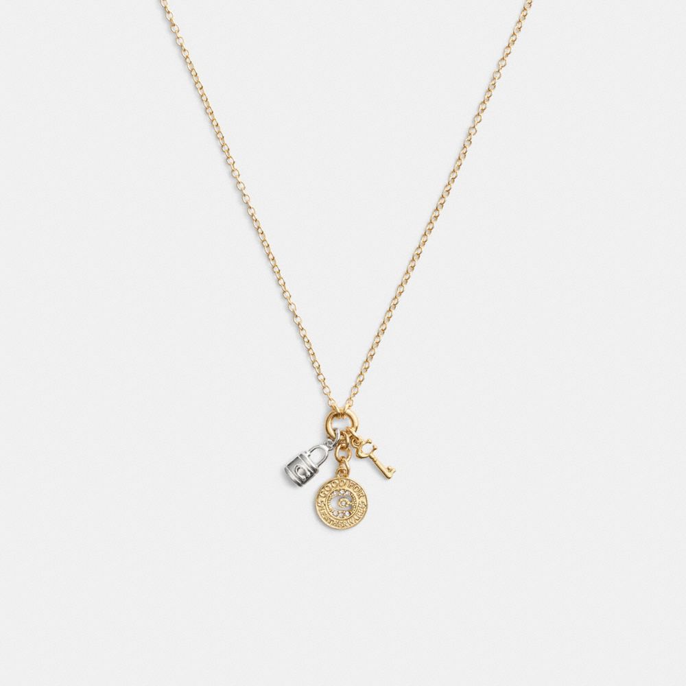 COACH®,COIN MULTI CHARM PENDANT NECKLACE,Gold/Silver,Front View