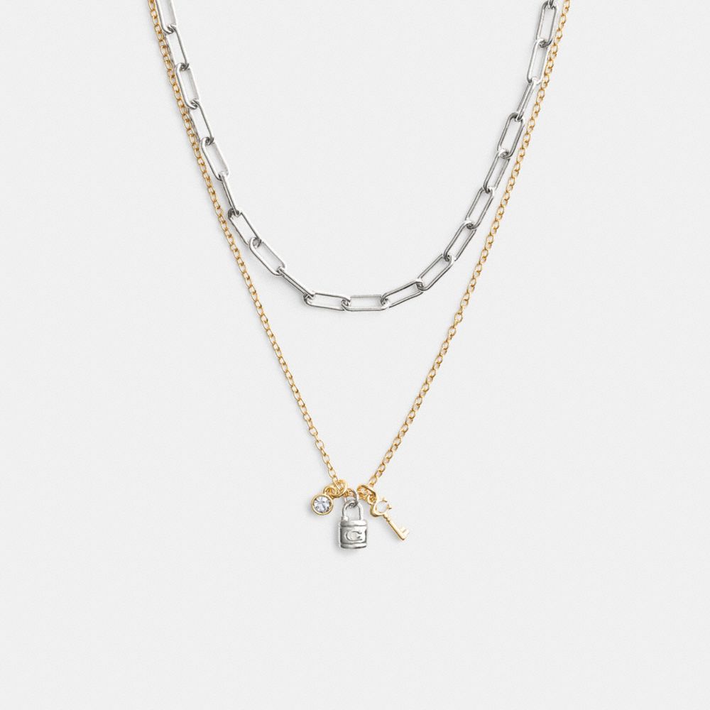 COACH®,LOCK AND KEY LAYERED CHARM NECKLACE,Gold/Silver,Front View