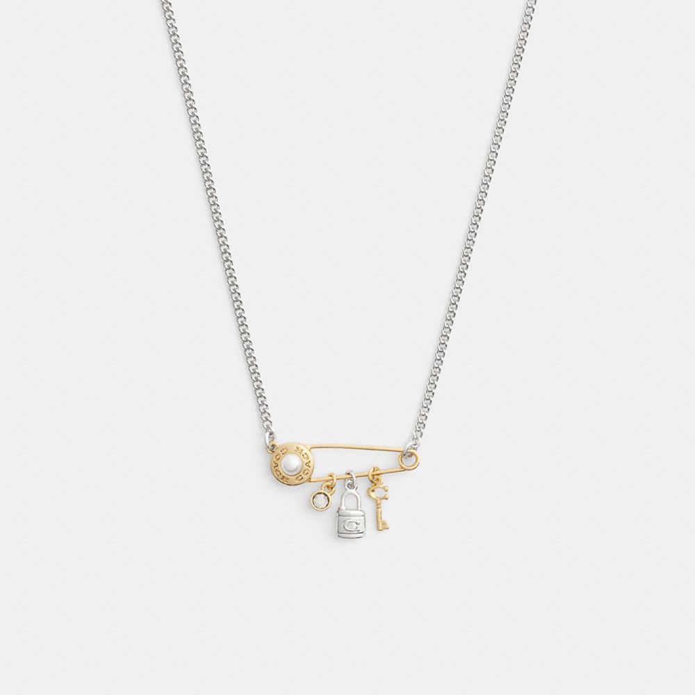 COACH®,SAFETY PIN CHARM NECKLACE,Gold/Silver,Front View