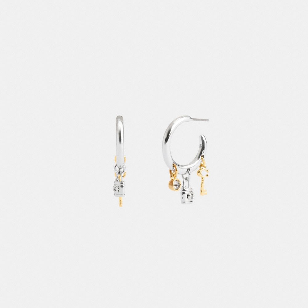 COACH®,LOCK AND KEY CHARM HOOP EARRINGS,Gold/Silver,Front View