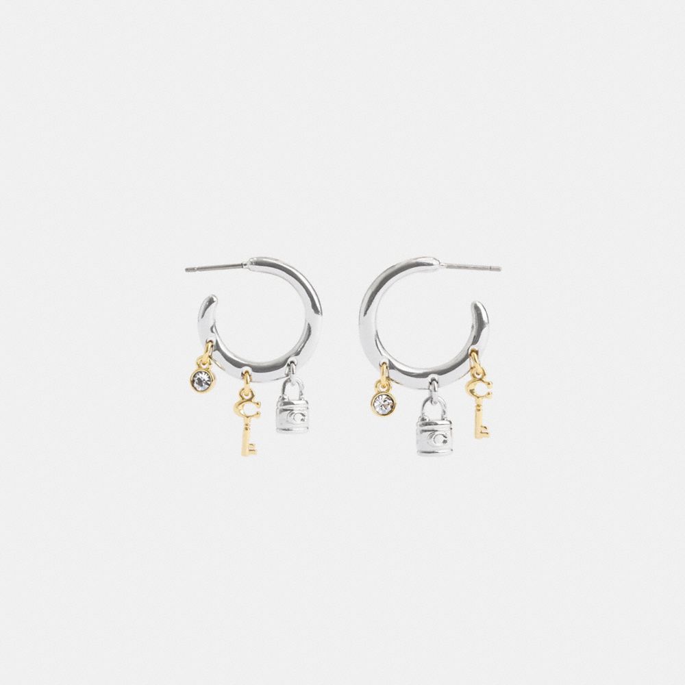COACH®,LOCK AND KEY CHARM HOOP EARRINGS,Gold/Silver,Inside View,Top View