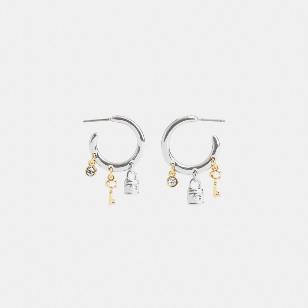 COACH®,Lock And Key Charm Hoop Earrings,Hoops,Dangle Earring,Glass,Cubic Zirconia,3D Embellishment,Novelty Embellishment,L...,Clear,Inside View,Top View