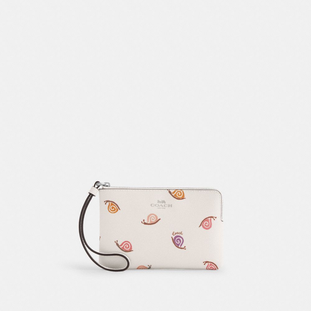 COACH®,CORNER ZIP WRISTLET WITH SNAIL PRINT,Novelty Print,Mini,Silver/Chalk Multi,Front View