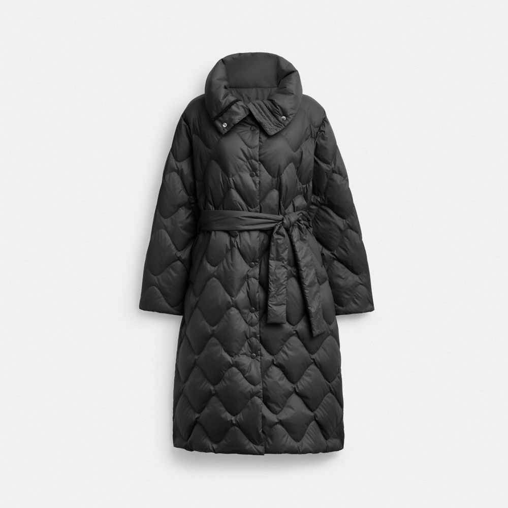 COACH®,Quilted Long Puffer In Recycled Nylon,Black,Front View