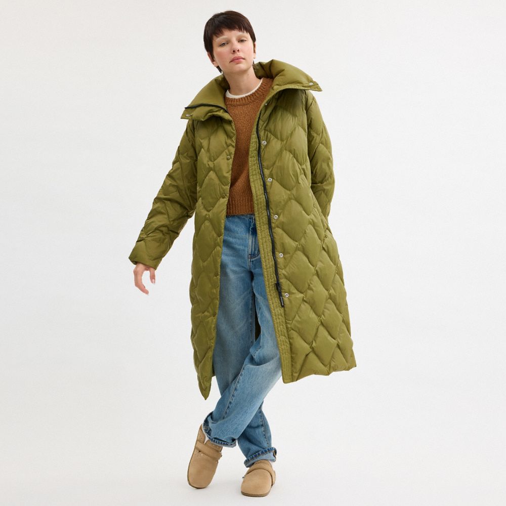 COACH®,Quilted Long Puffer In Recycled Nylon,Olive,Scale View