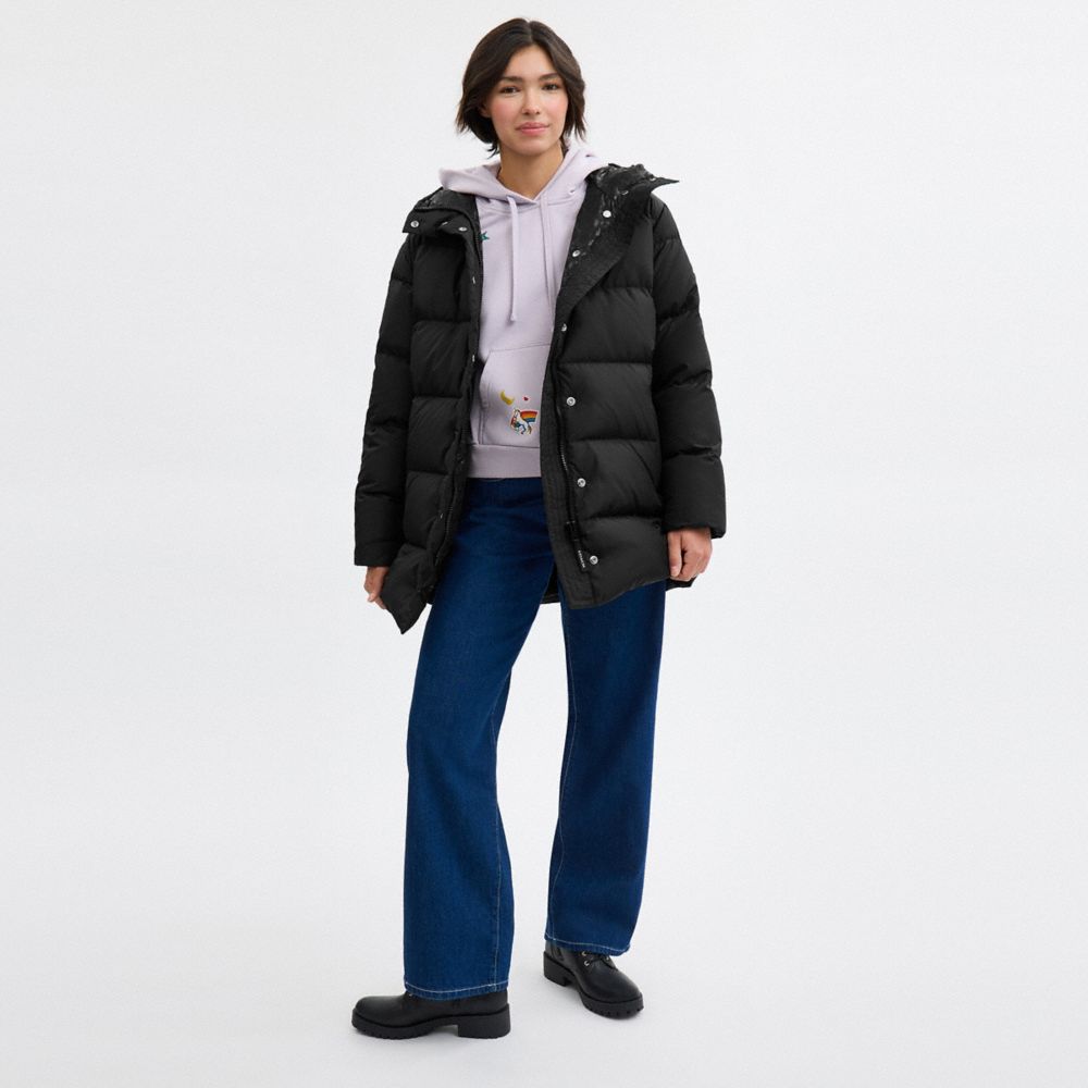 COACH®,Mid Puffer In Recycled Polyester,Recycled Polyester,Parka,Puffer,Down,Quilted,Drawstring,Sustainable,Casual,Black,Scale View