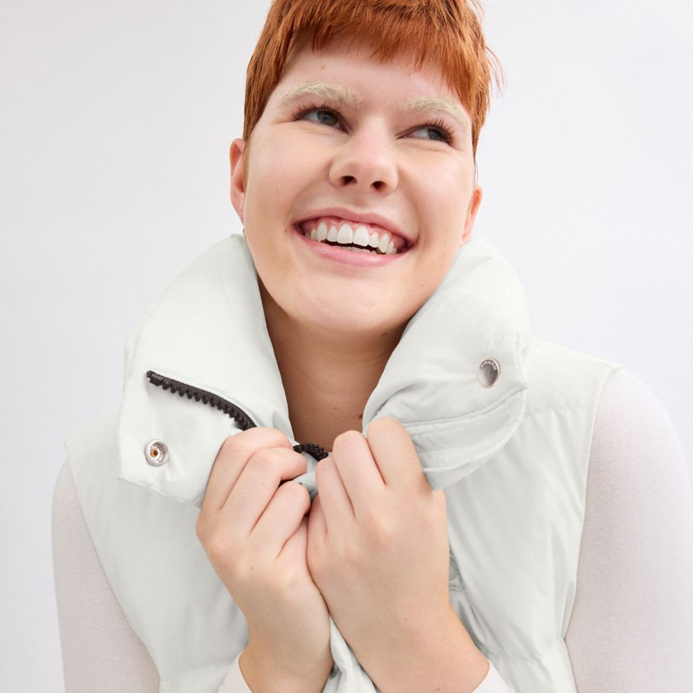 COACH®,Puffer Vest In Recycled Polyester,White,Detail View