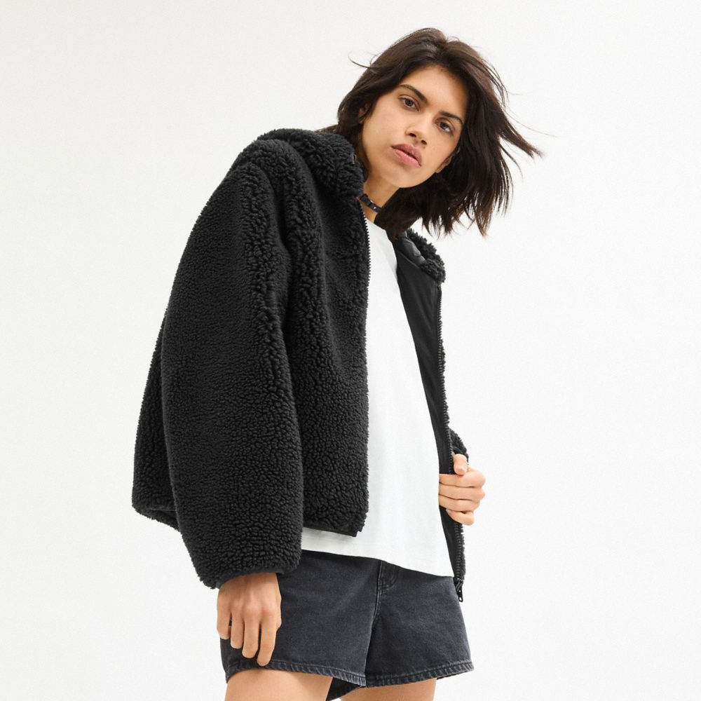 COACH®,Tonal Sherpa Zip Hoodie In Recycled Polyester,Sherpa,Teddy,Logo,Tag Embellishment,Sustainable,Casual,Black,Scale View