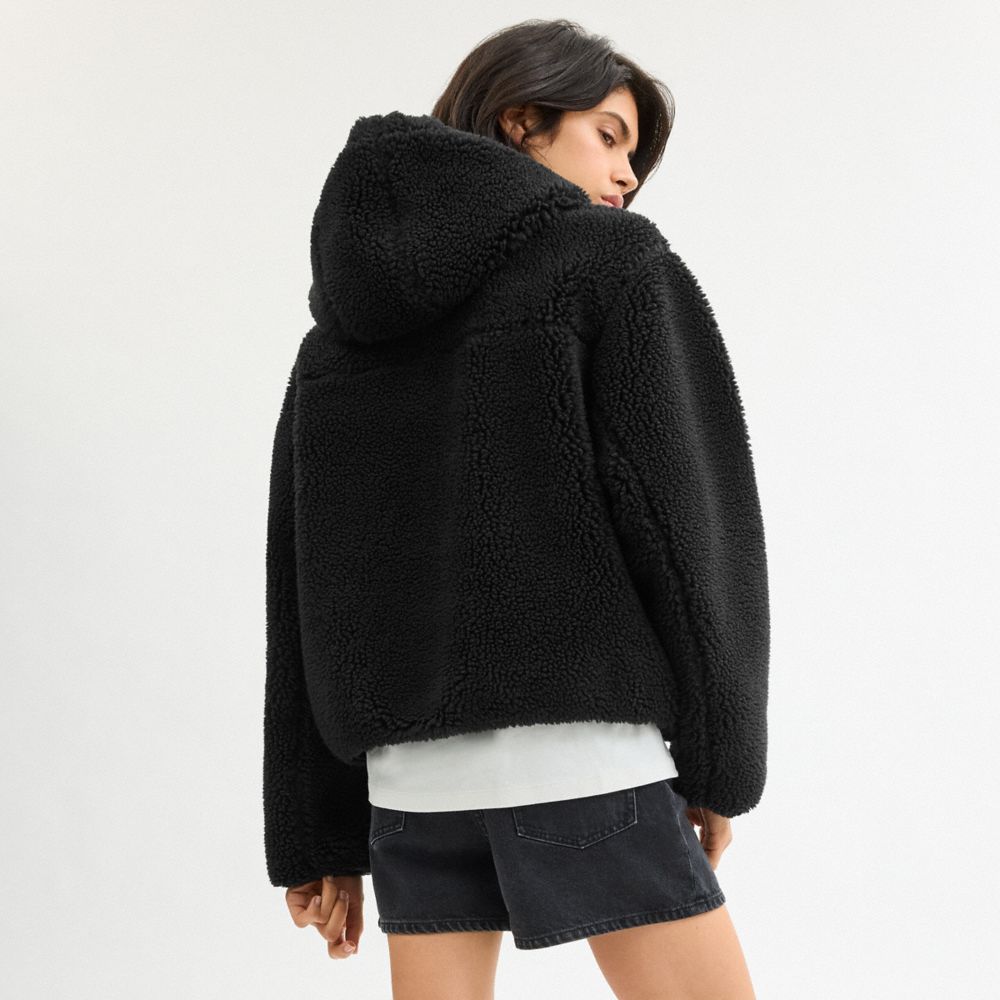COACH®,Tonal Sherpa Zip Hoodie In Recycled Polyester,Sherpa,Teddy,Logo,Tag Embellishment,Sustainable,Casual,Black,Scale View