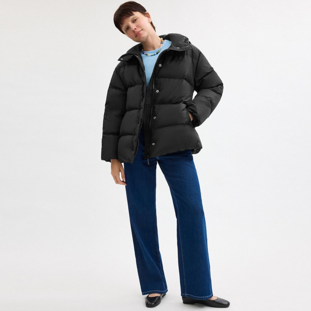 COACH®,Short Puffer With Belt In Recycled Polyester,Recycled Polyester,Quilted,Puffer,Down,Tie Belt,Drawstring,Eco-Friendl...,Black,Scale View