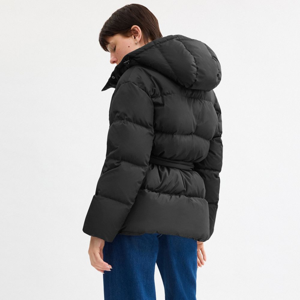 COACH®,Short Puffer With Belt In Recycled Polyester,Recycled Polyester,Quilted,Puffer,Down,Tie Belt,Drawstring,Eco-Friendl...,Black,Scale View