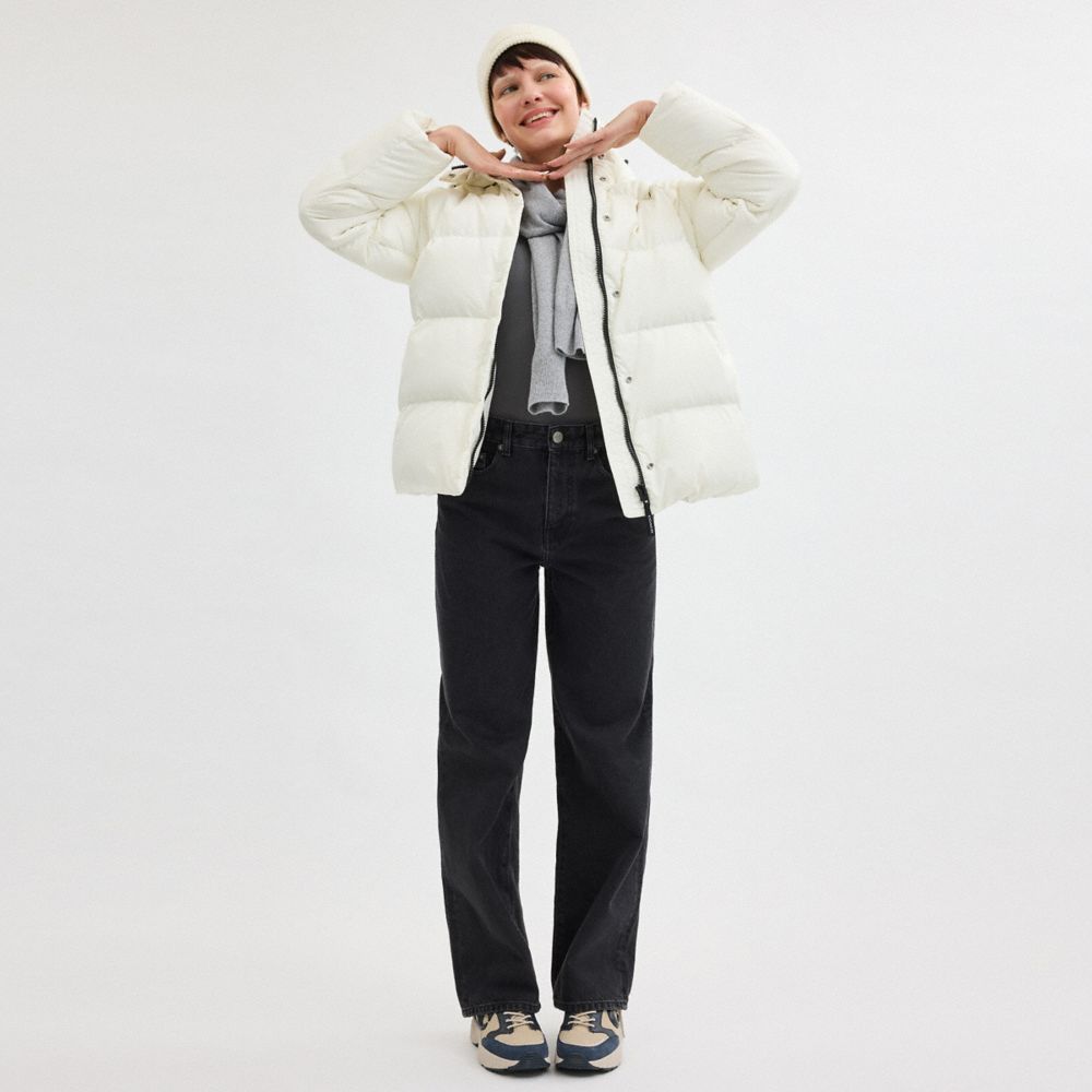 COACH®,Short Puffer With Belt In Recycled Polyester,Recycled Polyester,Quilted,Puffer,Down,Tie Belt,Drawstring,Eco-Friendl...,White,Scale View