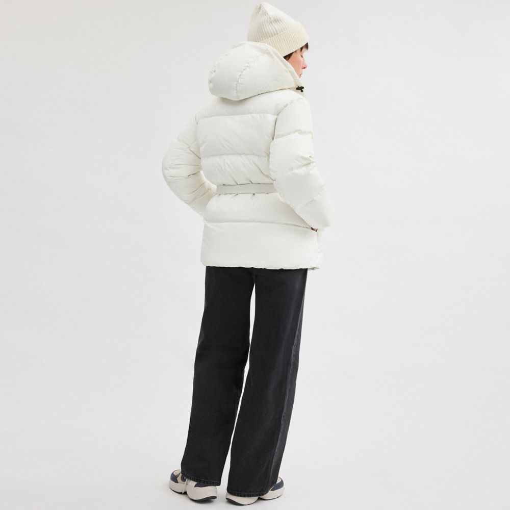COACH®,Short Puffer With Belt In Recycled Polyester,Recycled Polyester,Quilted,Puffer,Down,Tie Belt,Drawstring,Eco-Friendl...,White,Scale View