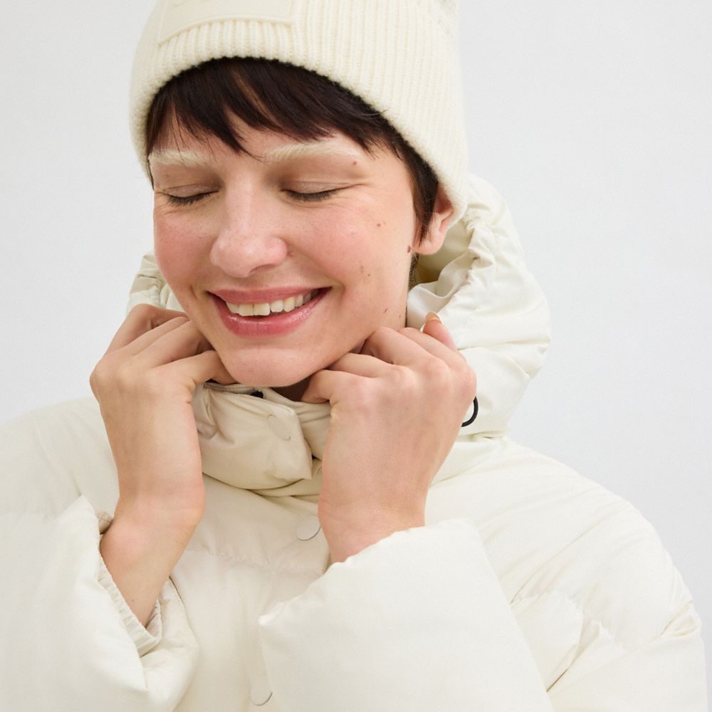 COACH®,Short Puffer With Belt In Recycled Polyester,Recycled Polyester,Quilted,Puffer,Down,Tie Belt,Drawstring,Eco-Friendl...,White,Detail View