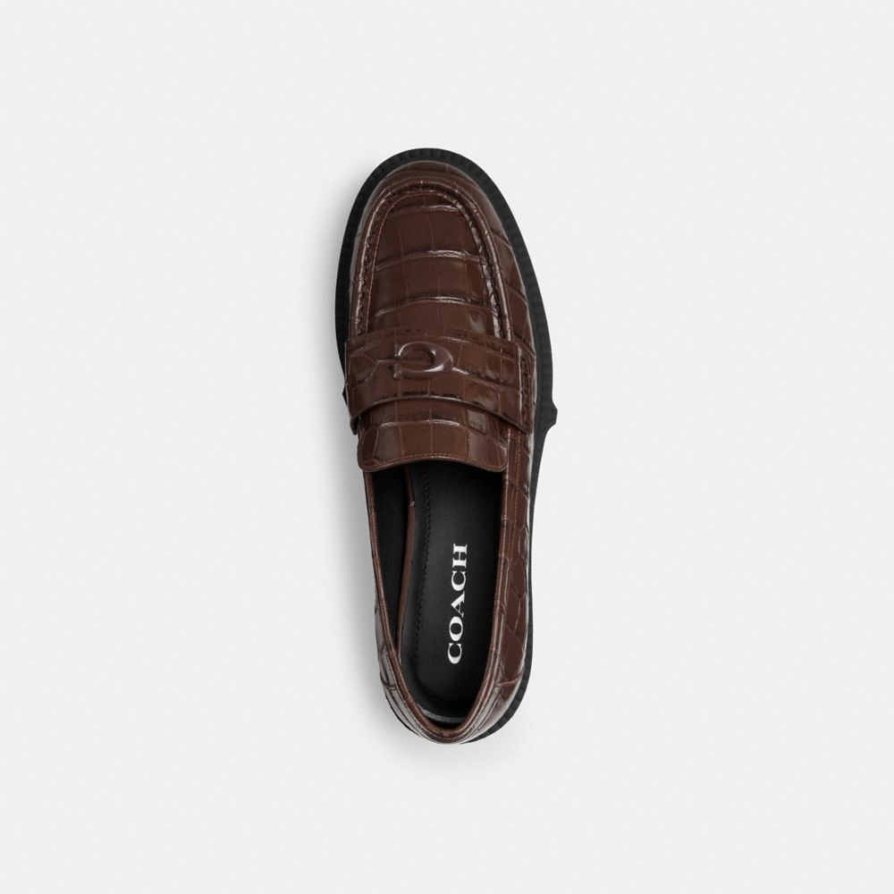 COACH®,Leah Loafer,Rubber,Crocodile,Loafer,Foam,Penny Loafer,Logo,Metal,Side Vents,Breathable,Casual,Brown,Inside View,Top View