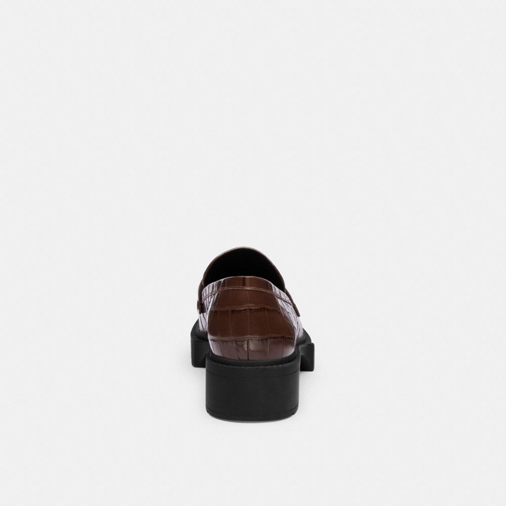 COACH®,Leah Loafer,Rubber,Crocodile,Loafer,Foam,Penny Loafer,Logo,Metal,Side Vents,Breathable,Casual,Brown,Alternate View