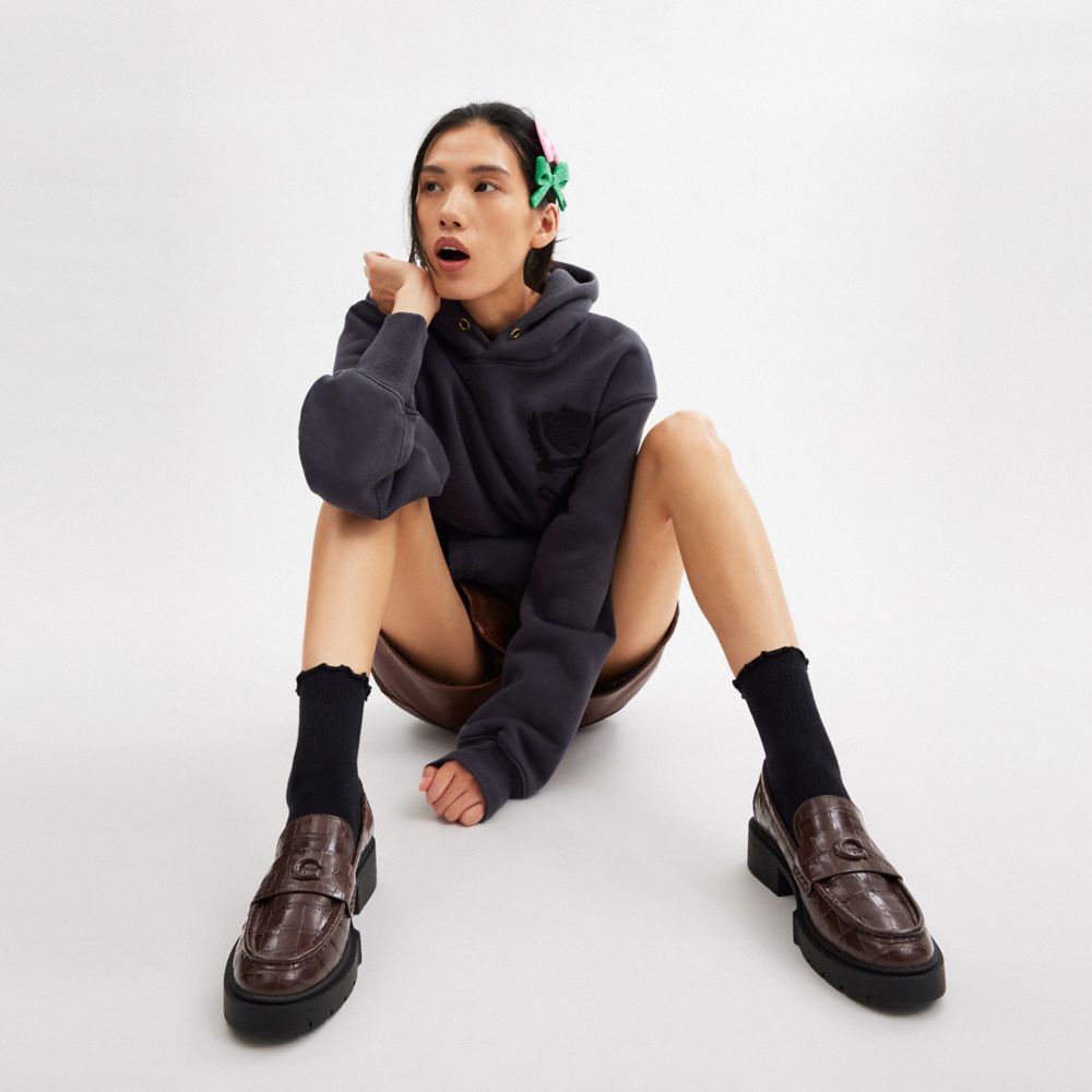 COACH®,Leah Loafer,Rubber,Crocodile,Loafer,Foam,Penny Loafer,Logo,Metal,Side Vents,Breathable,Casual,Brown,Detail View
