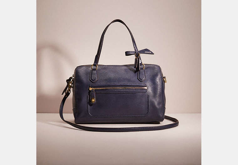 COACH®,RESTORED POPPY EAST WEST SATCHEL,Patent Leather,Brass/Navy,Front View