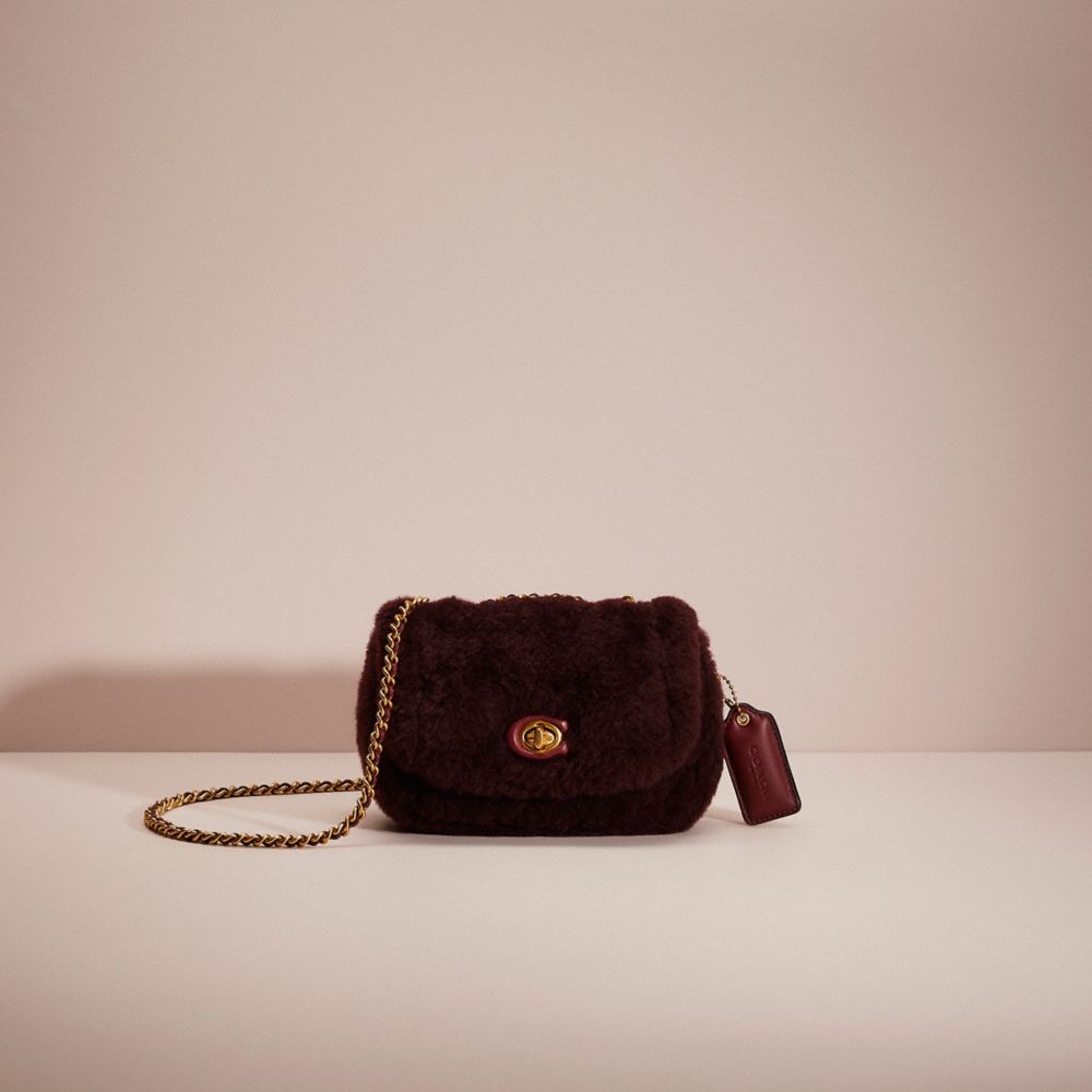 COACH®,RESTORED PILLOW MADISON SHOULDER BAG 18 IN SHEARLING WITH QUILTING,Shearling,Brass/Sangria,Front View