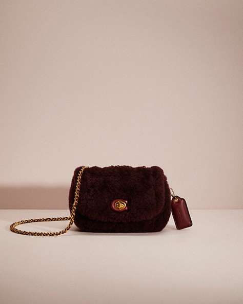 COACH®,RESTORED PILLOW MADISON SHOULDER BAG 18 IN SHEARLING WITH QUILTING,Shearling,Brass/Sangria,Front View