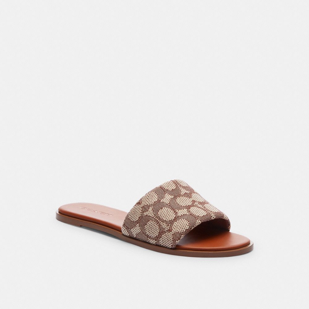 COACH®,HOLLY SANDAL IN SIGNATURE TEXTILE JACQUARD,Cocoa/Burnished Amber,Front View