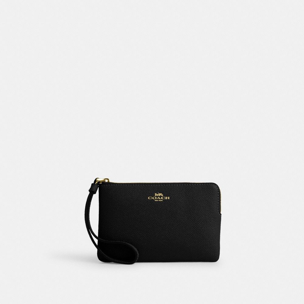 COACH®,WRISTLET À ZIP EN COIN,Cuir Cross-grain,Or/Noir,Front View