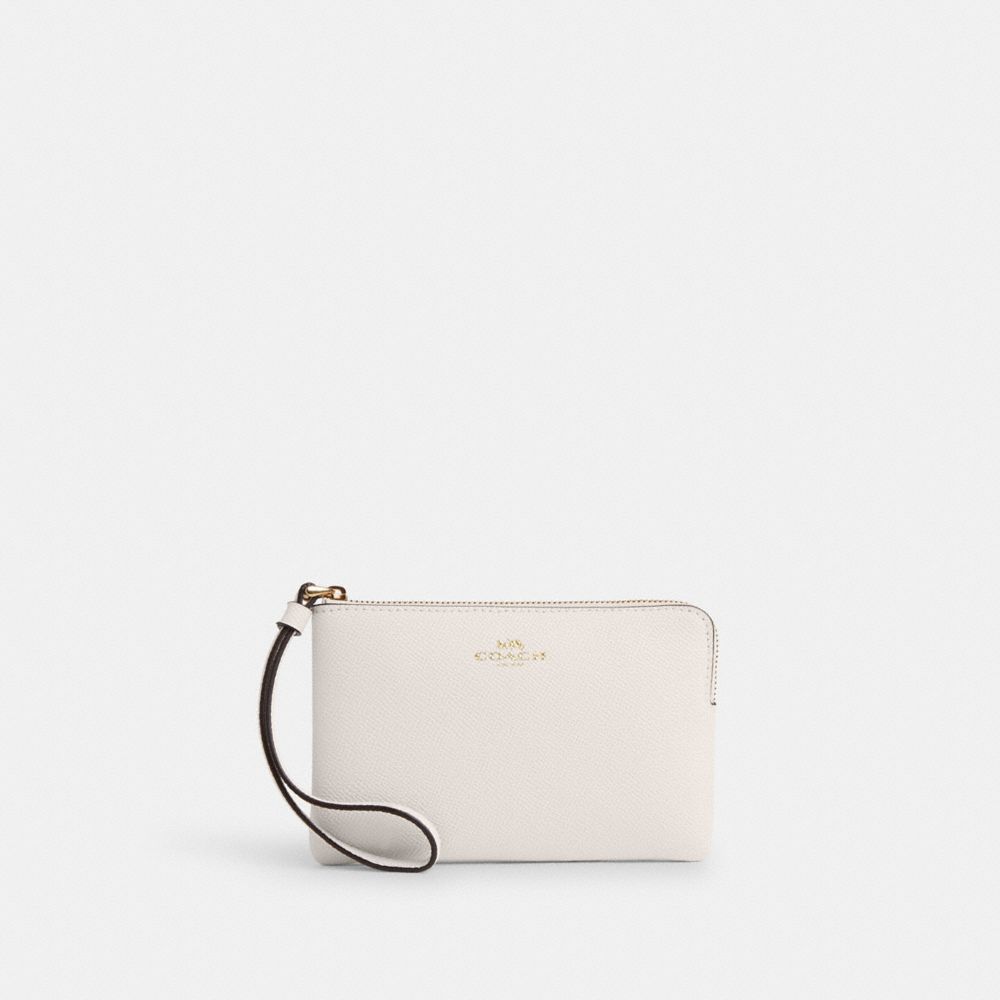 COACH®,CORNER ZIP WRISTLET,Crossgrain Leather,Mini,Gold/Chalk,Front View