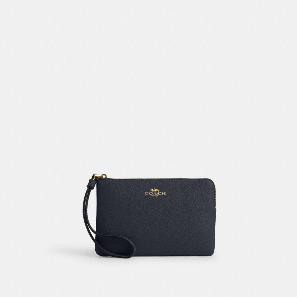 COACH®,CORNER ZIP WRISTLET,Crossgrain Leather,Mini,Gold/Midnight,Front View