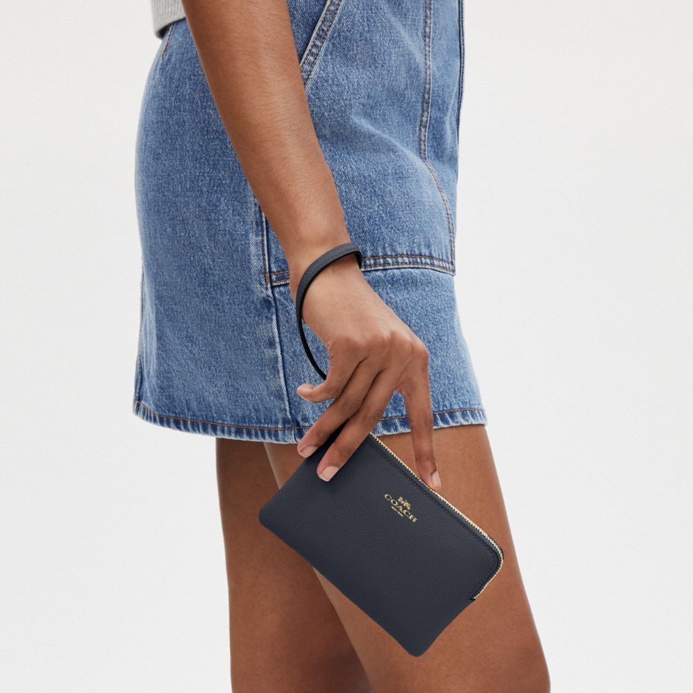COACH®,Corner Zip Wristlet,Leather,Pouch,Wristlet,Word Embellishment,Logo,Navy,Detail View
