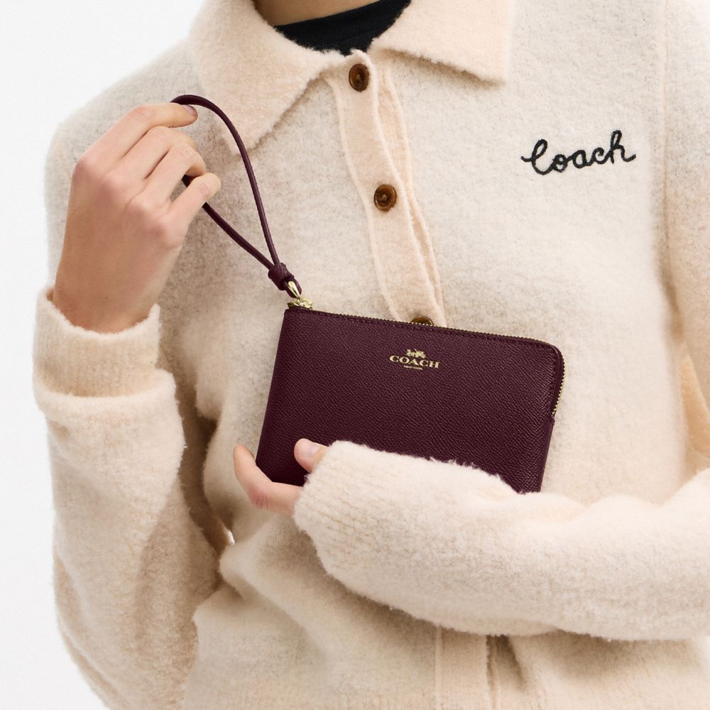 COACH®,Corner Zip Wristlet,Leather,Pouch,Wristlet,Word Embellishment,Logo,Maroon,Detail View